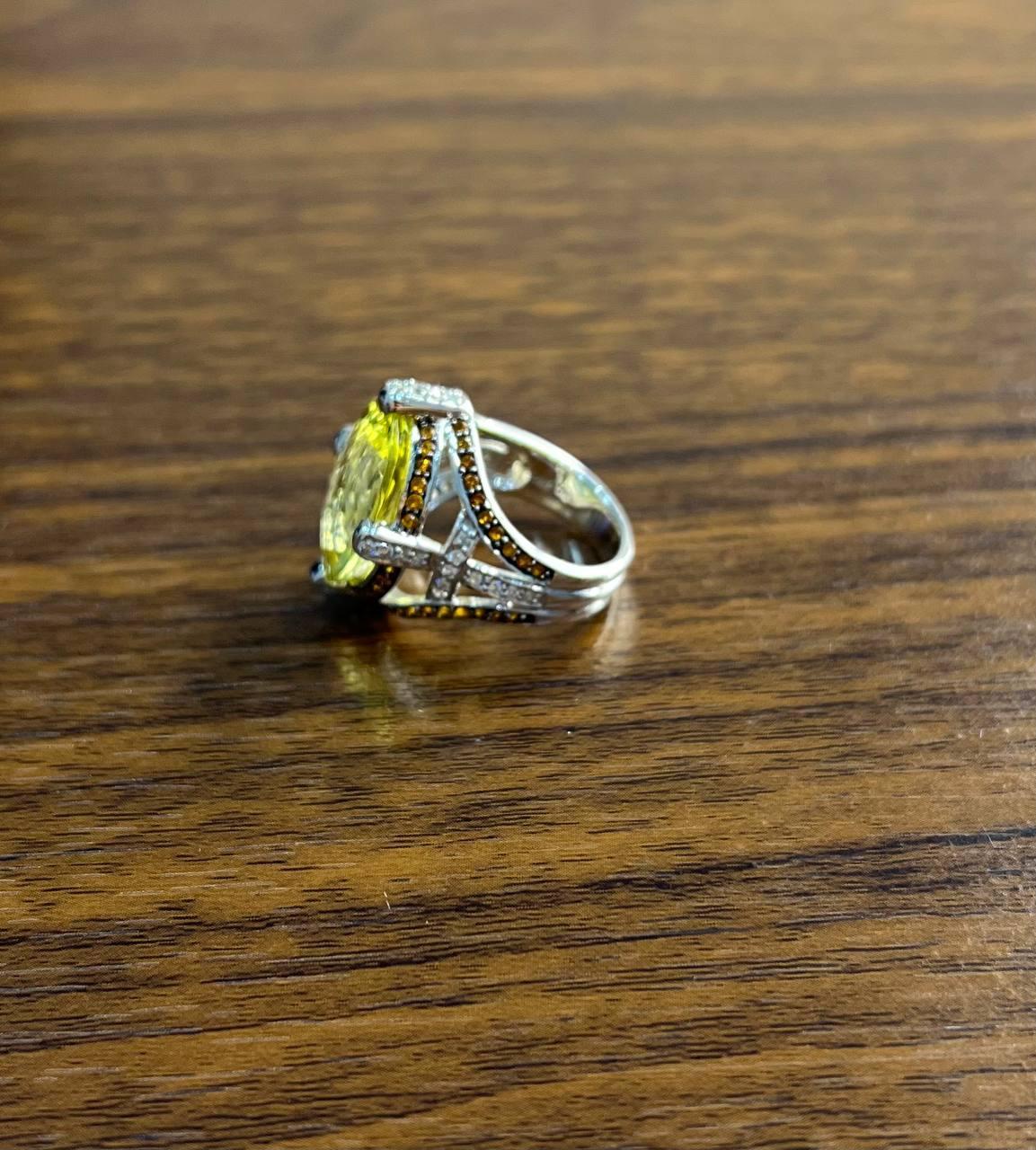 Oval Light Yellow Lemon Quartz Sapphire Prong Halo Diamonds 18K White Gold Ring For Sale 7
