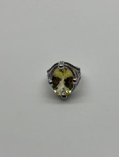 Oval Light Yellow Lemon Quartz Sapphire Prong Halo Diamonds 18K White Gold Ring