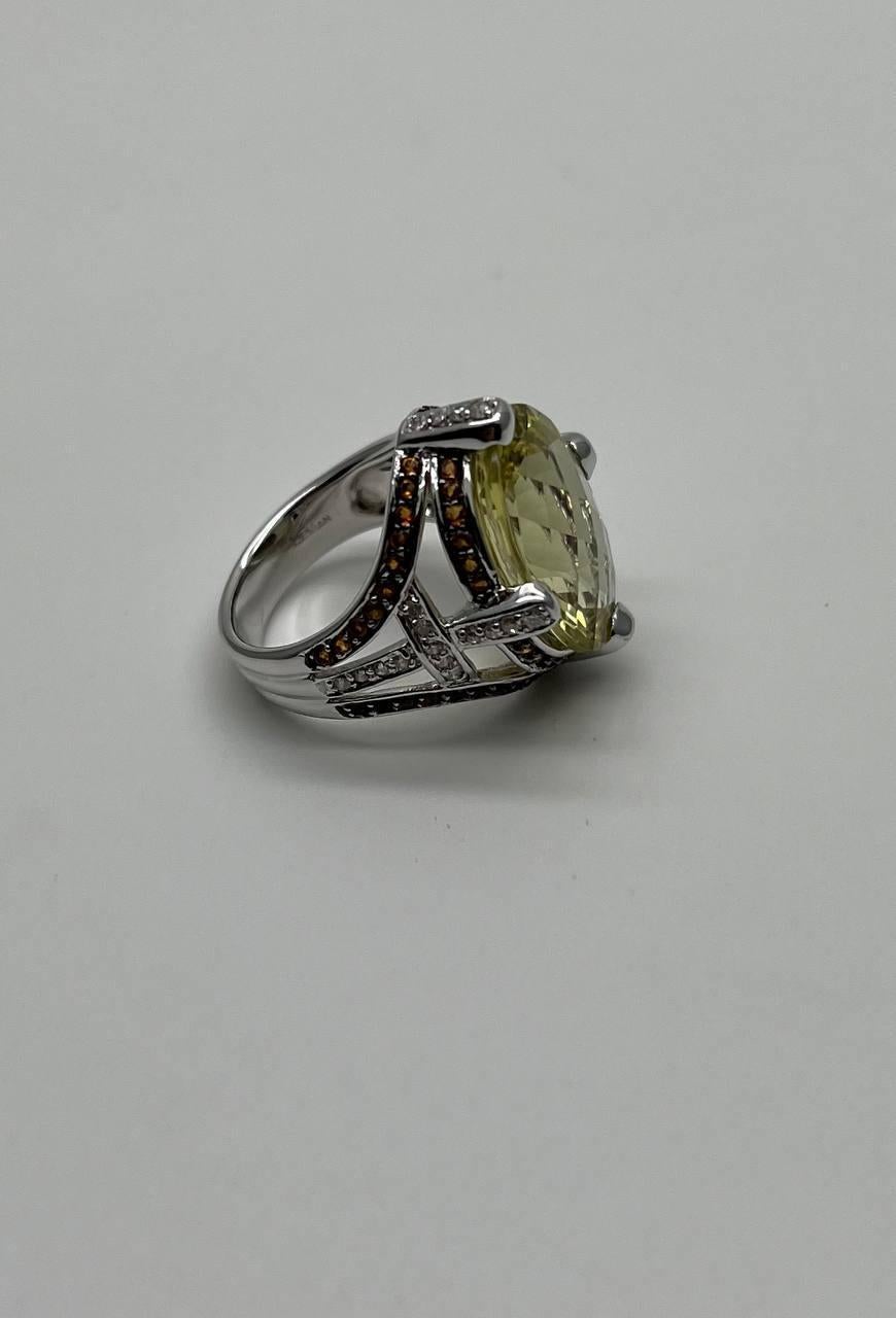 Oval Cut Oval Light Yellow Lemon Quartz Sapphire Prong Halo Diamonds 18K White Gold Ring For Sale