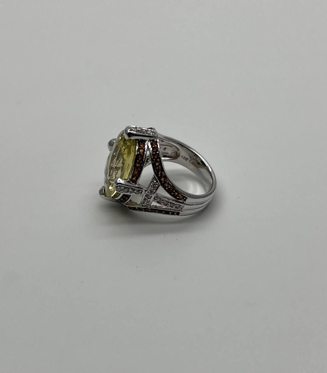 Oval Light Yellow Lemon Quartz Sapphire Prong Halo Diamonds 18K White Gold Ring In New Condition For Sale In Oakton, VA