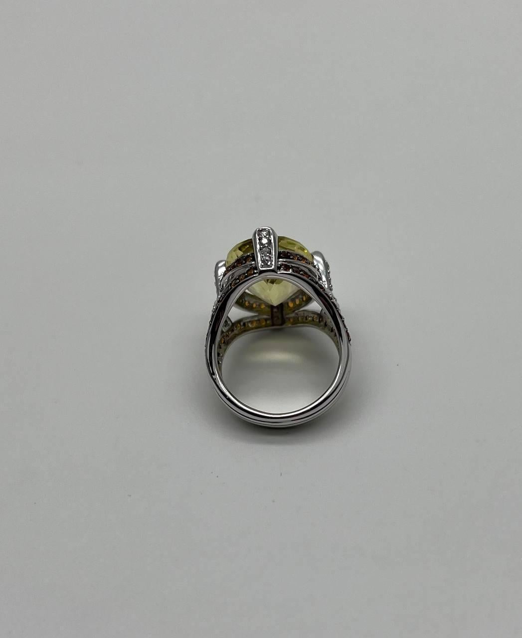 Women's Oval Light Yellow Lemon Quartz Sapphire Prong Halo Diamonds 18K White Gold Ring For Sale