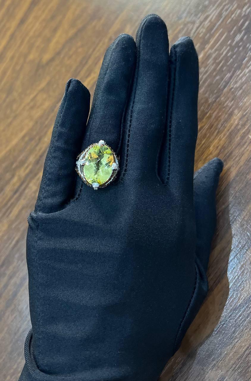 Oval Light Yellow Lemon Quartz Sapphire Prong Halo Diamonds 18K White Gold Ring For Sale 1