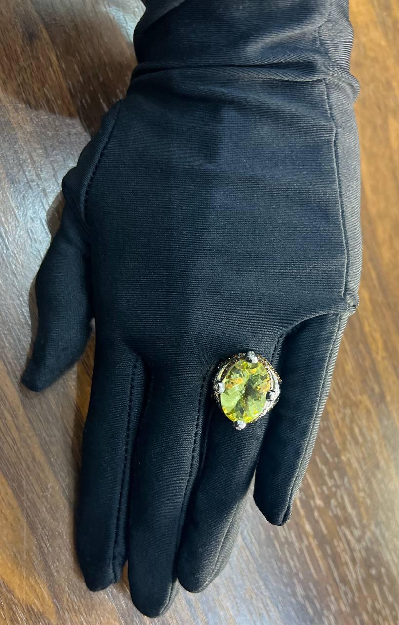 Oval Light Yellow Lemon Quartz Sapphire Prong Halo Diamonds 18K White Gold Ring For Sale 2