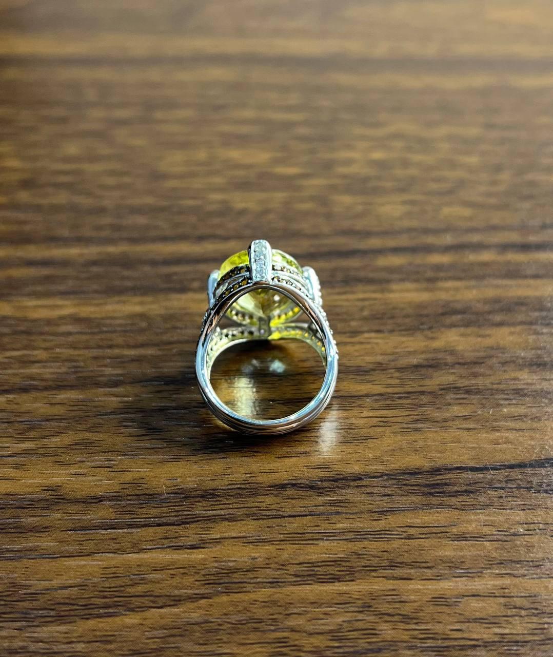 Oval Light Yellow Lemon Quartz Sapphire Prong Halo Diamonds 18K White Gold Ring For Sale 4