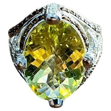 Oval Light Yellow Lemon Quartz Sapphire Prong Halo Diamonds 18K White Gold Ring For Sale