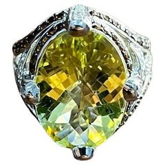 Oval Light Yellow Lemon Quartz Sapphire Prong Halo Diamonds 18K White Gold Ring