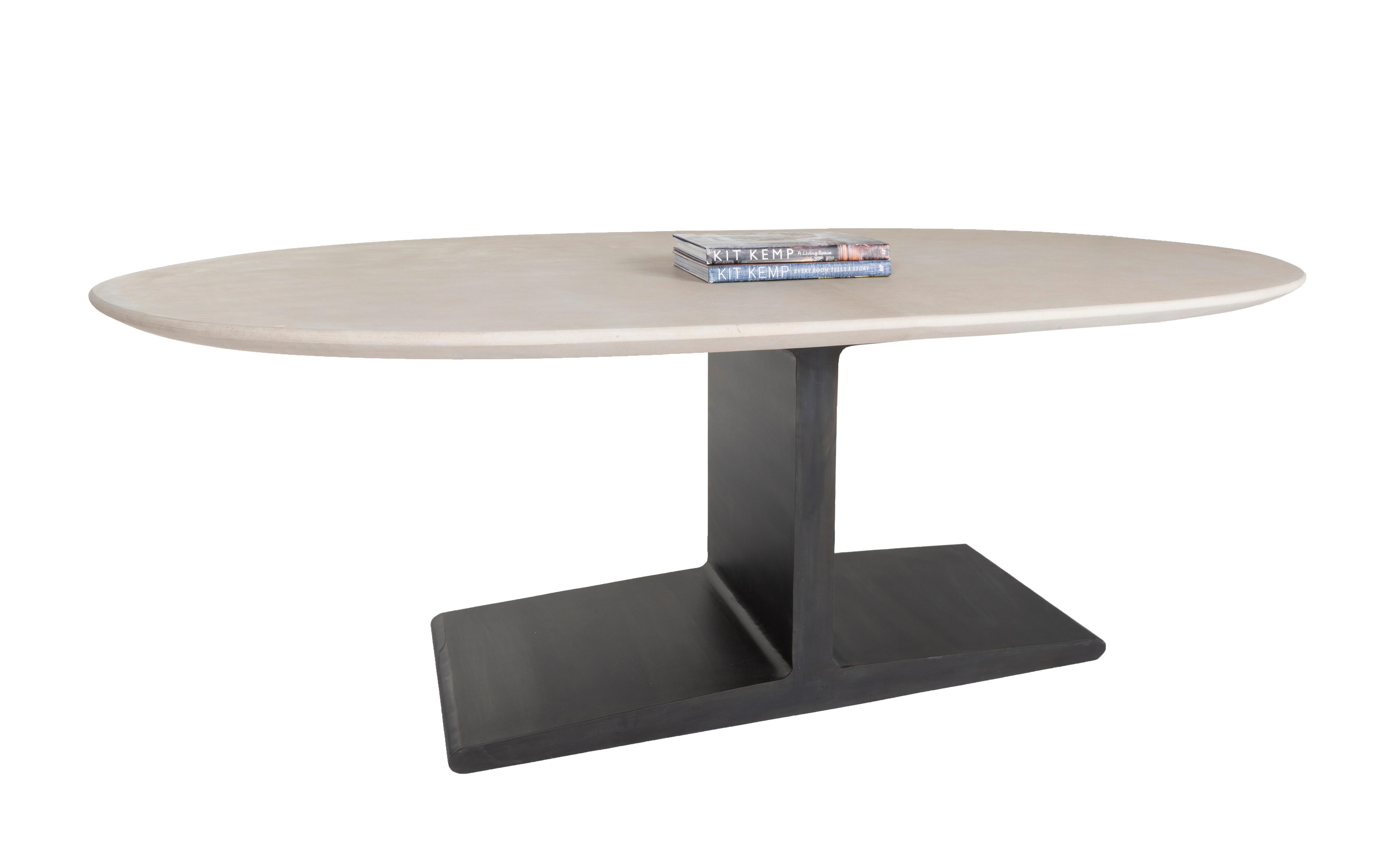 Organic Modern Oval Limestone Top Dining Table on Steel I Beam Base For Sale