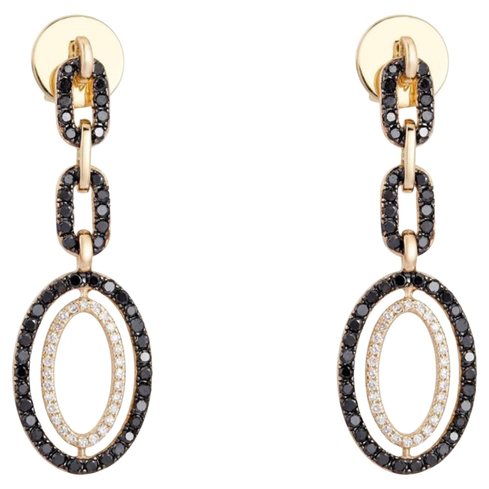 Oval Link Black & White Diamond 14K Yellow Gold Drop Earrings