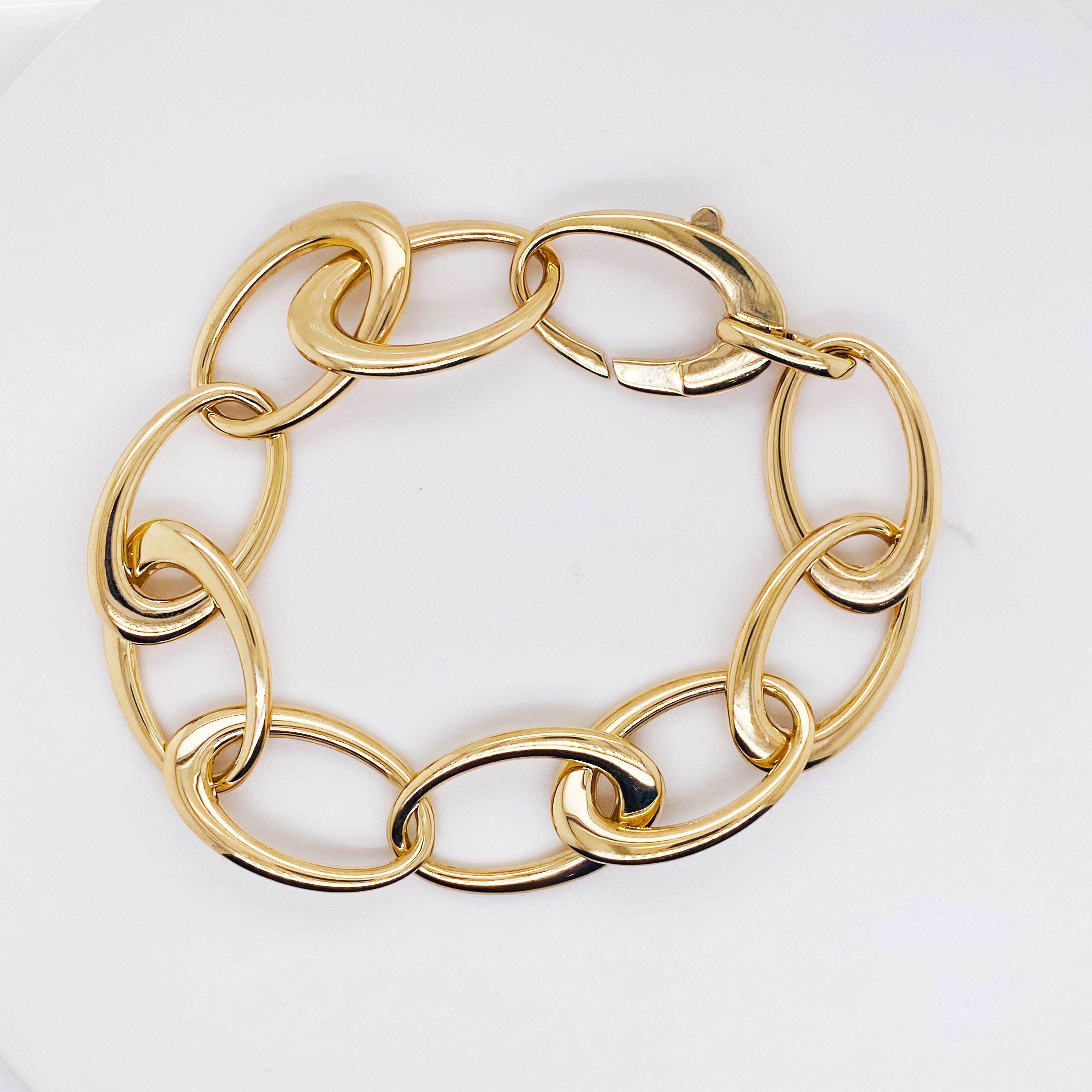 Oval Link Chain Bracelet - 14K Gold Italian Gold Bracelet Large Oval Links In New Condition For Sale In Austin, TX
