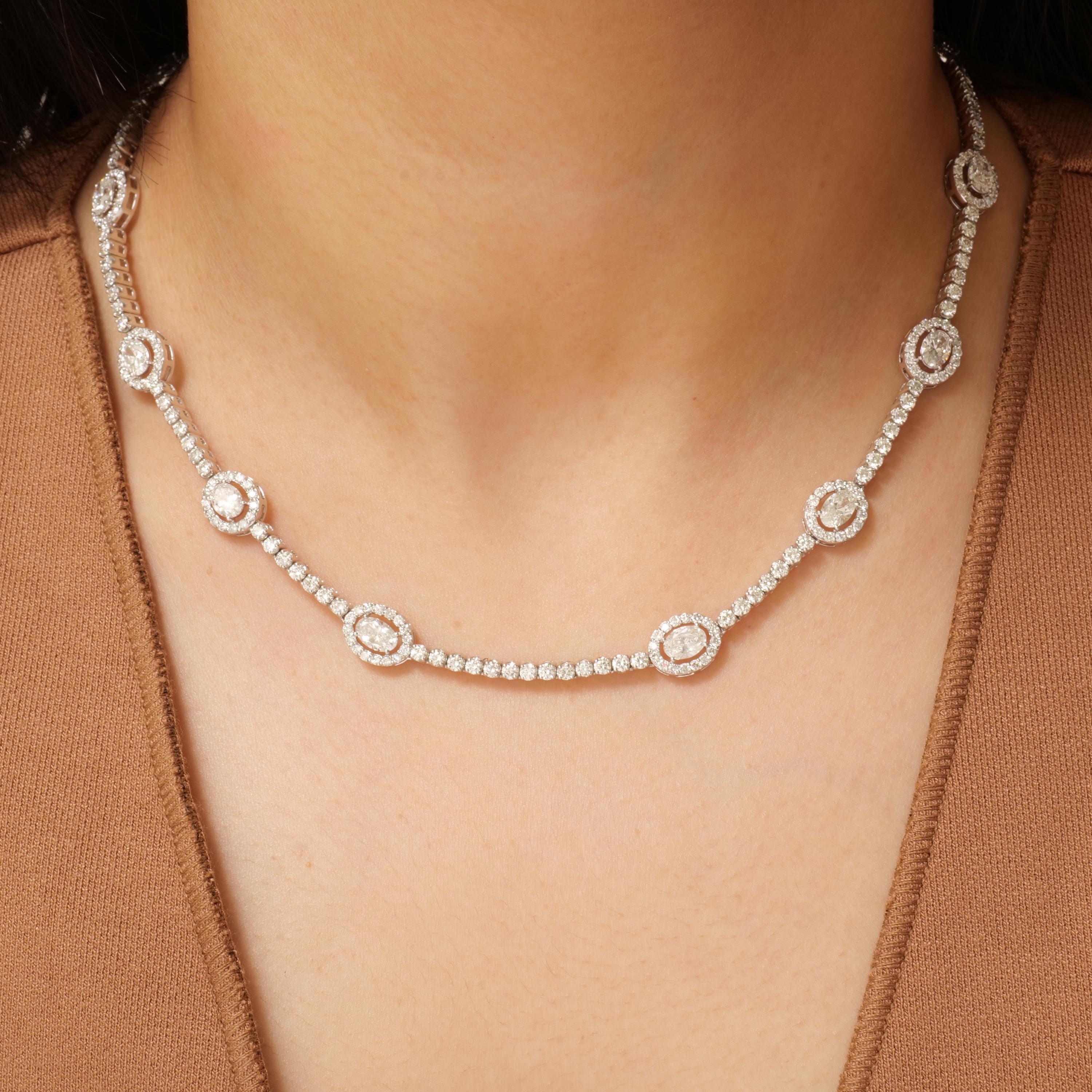 Art Déco Collana Tennis con diamanti aureolati a maglie ovali in oro massiccio 14k (certificato) in vendita
