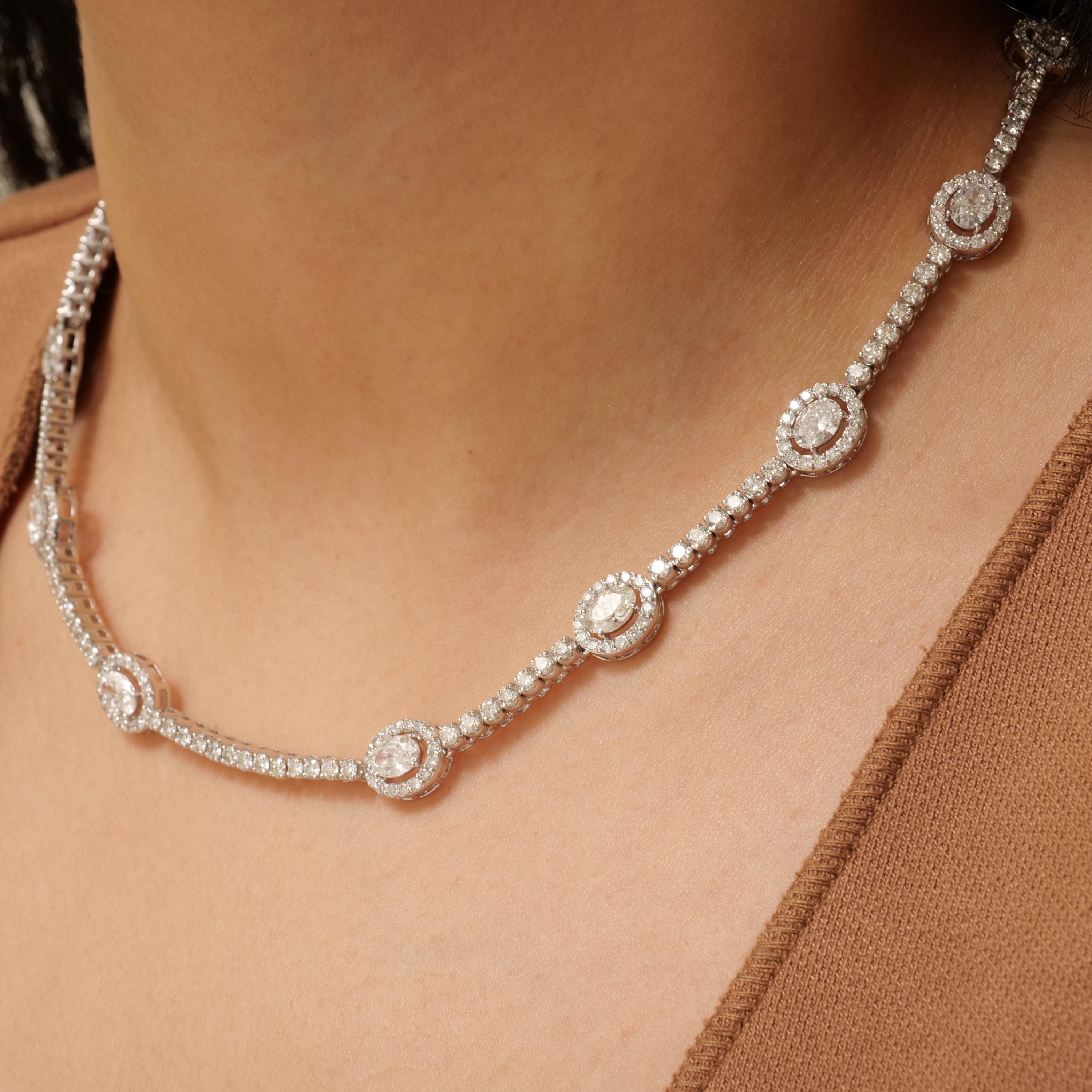 Taglio rotondo Collana Tennis con diamanti aureolati a maglie ovali in oro massiccio 14k (certificato) in vendita