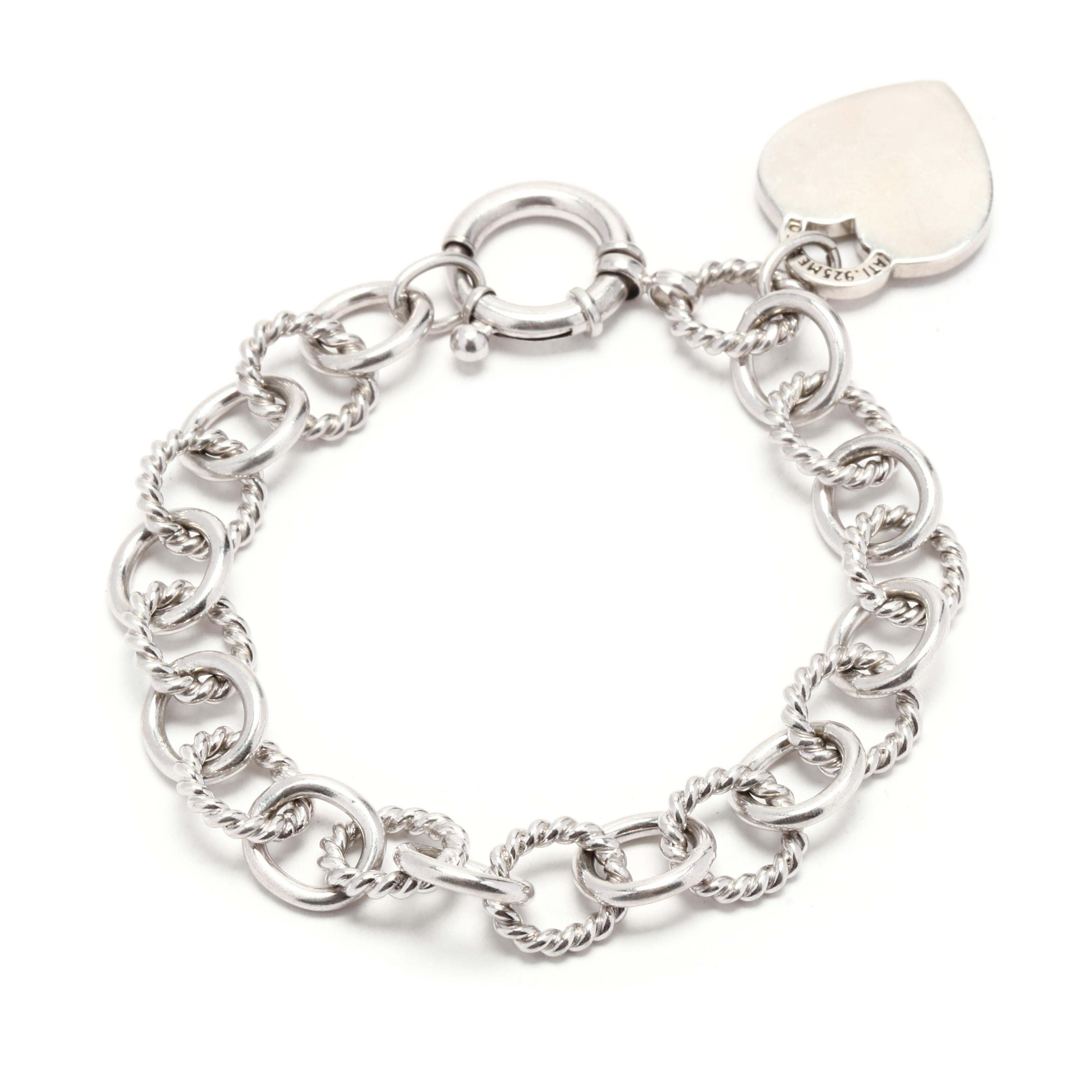Women's or Men's Oval Link Heart Charm Bracelet, Sterling Silver, Length 7.25 Inch