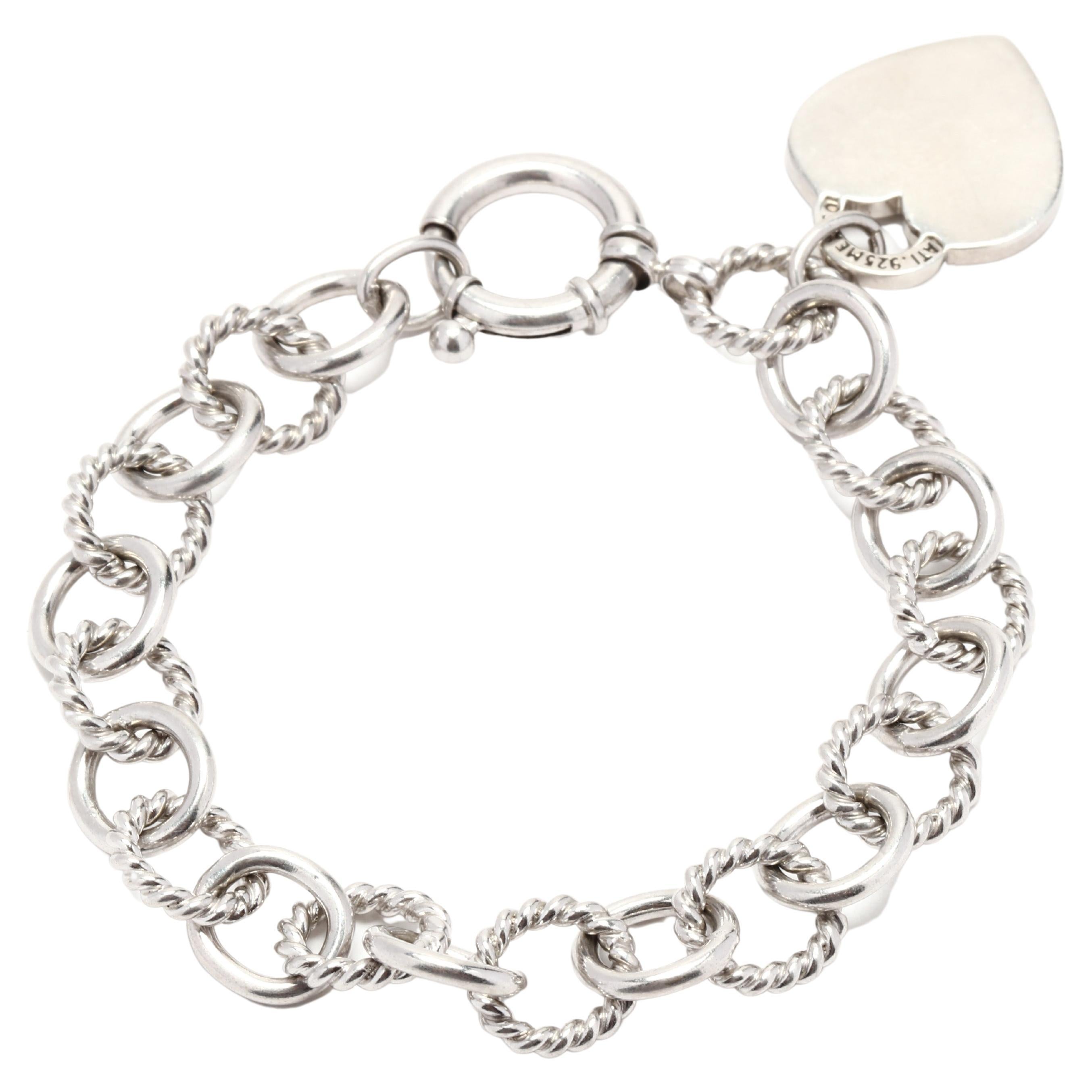 Oval Link Heart Charm Bracelet, Sterling Silver, Length 7.25 Inch