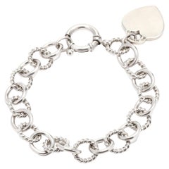 Vintage Oval Link Heart Charm Bracelet, Sterling Silver, Length 7.25 Inch
