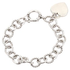 Oval Link Heart Charm Bracelet, Sterling Silver, Length 7.25 Inch