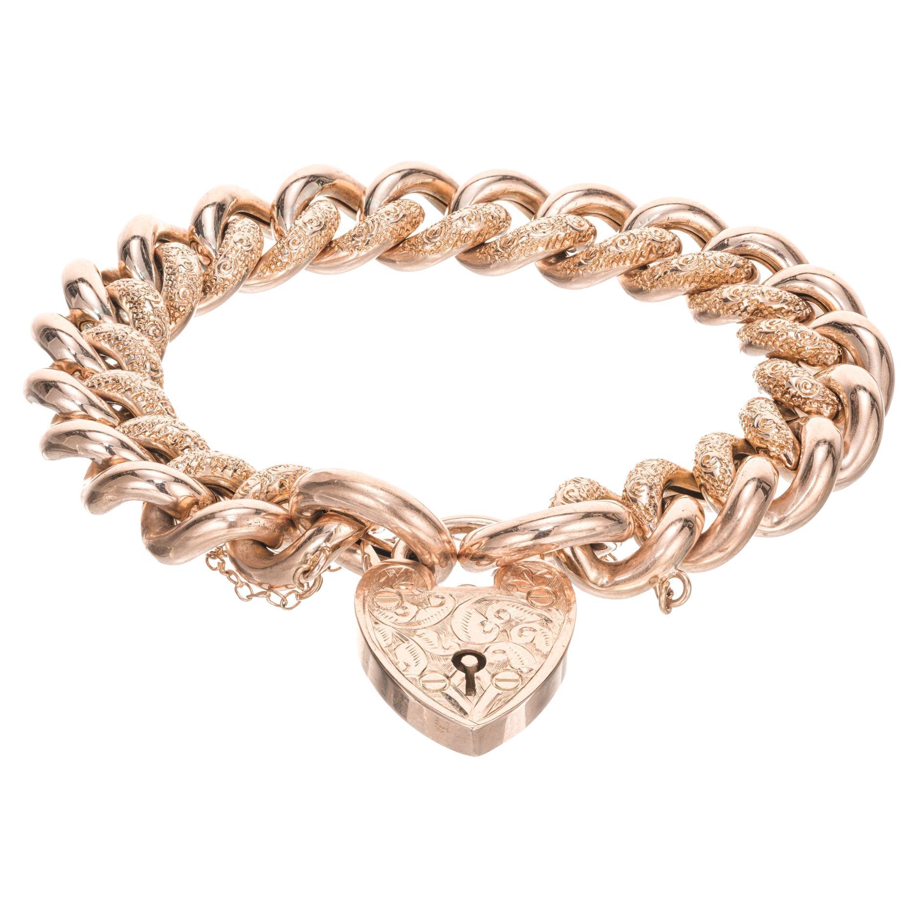 Oval Link Heart Clasp Rose Gold English Link Bracelet  For Sale
