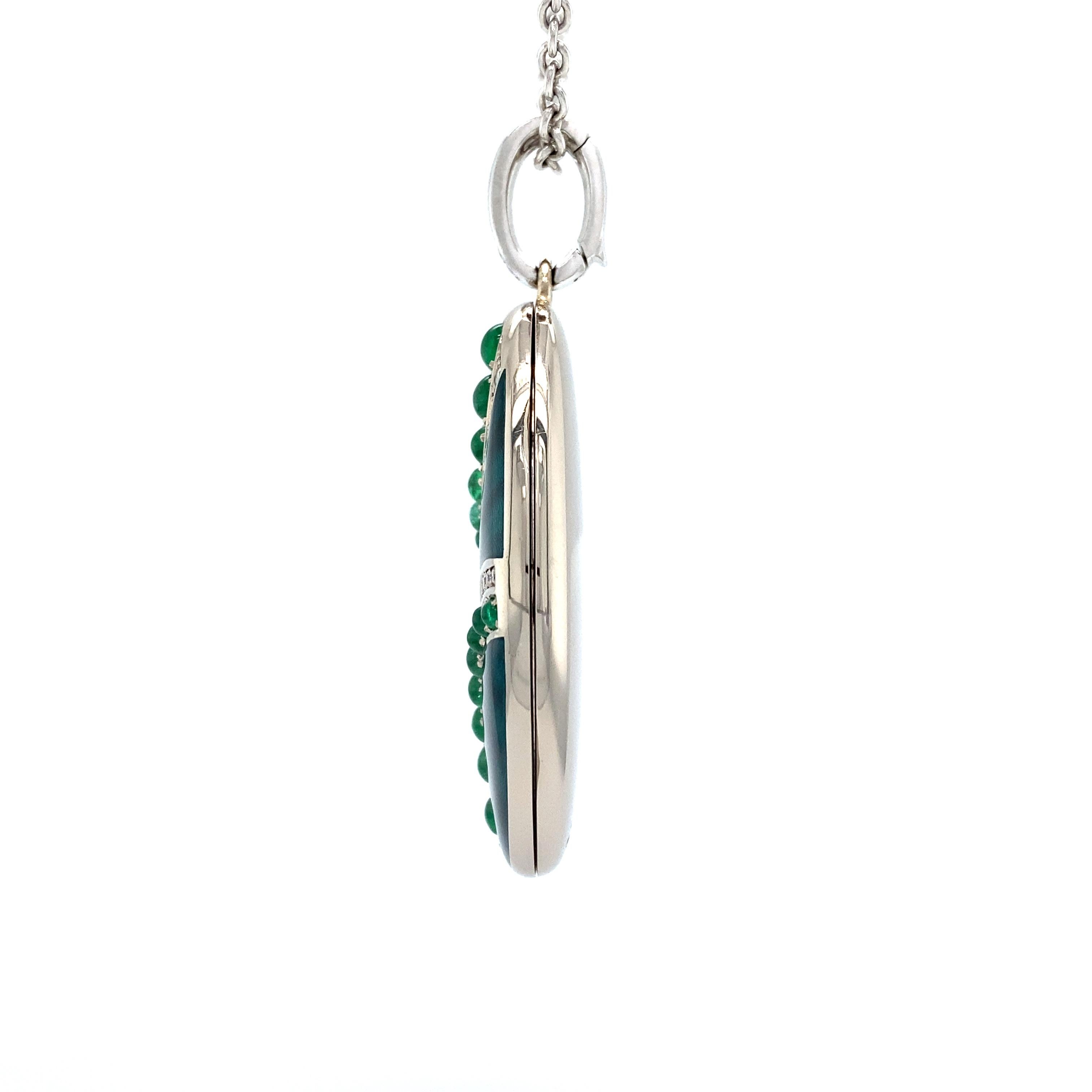 Art Deco Oval Pendant Locket Necklace 18k White Gold Green Enamel 35 Diamonds 16 Emeralds For Sale