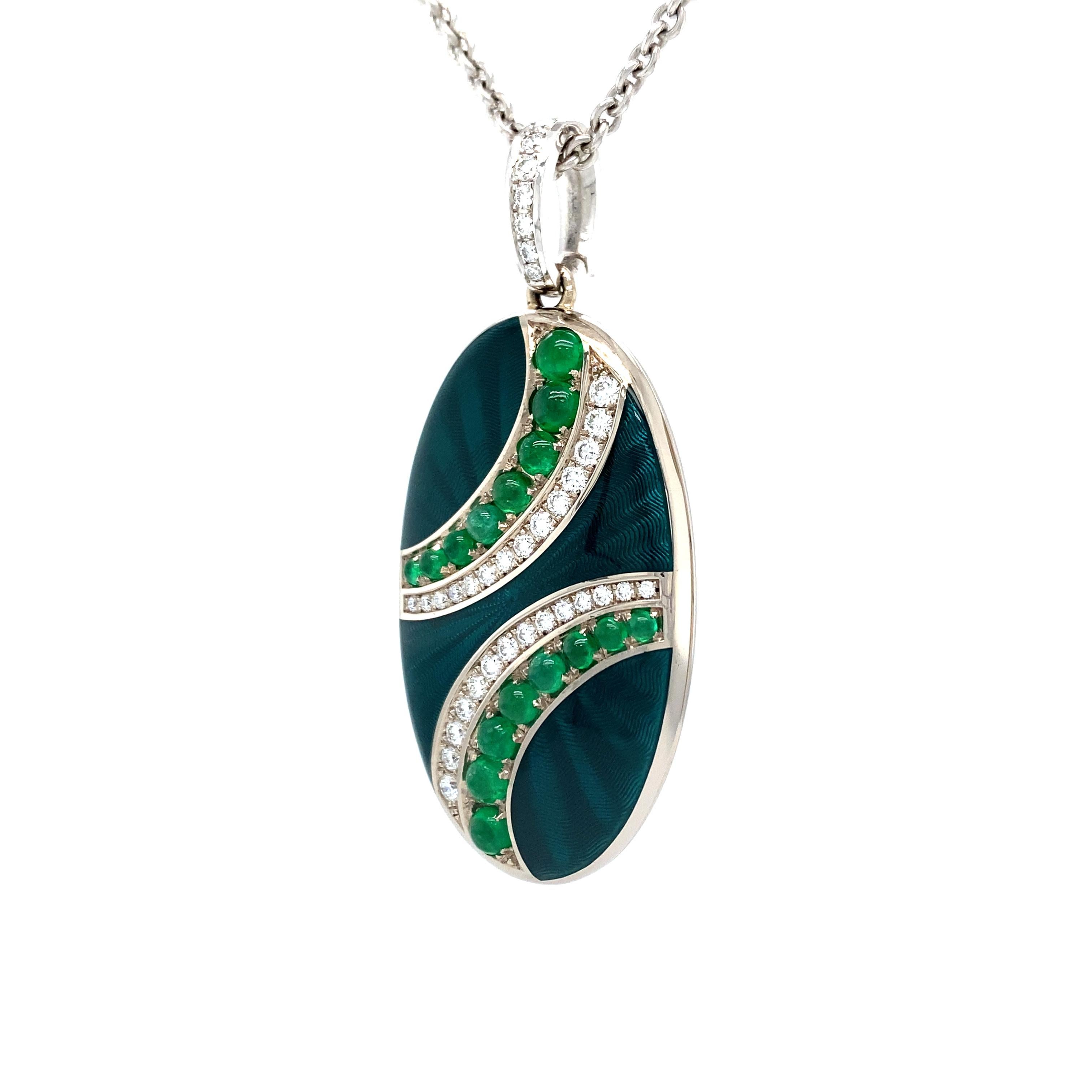 Cabochon Oval Pendant Locket Necklace 18k White Gold Green Enamel 35 Diamonds 16 Emeralds For Sale