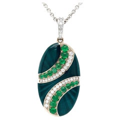 Oval Locket 18k White Gold Emerald Green Vitreous Enamel 35 Diamonds 16 Emeralds