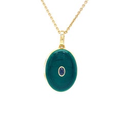 Oval Locket Pendant 18k Yellow Gold Green Vitreous Enamel Blue Sapphire Cabochon