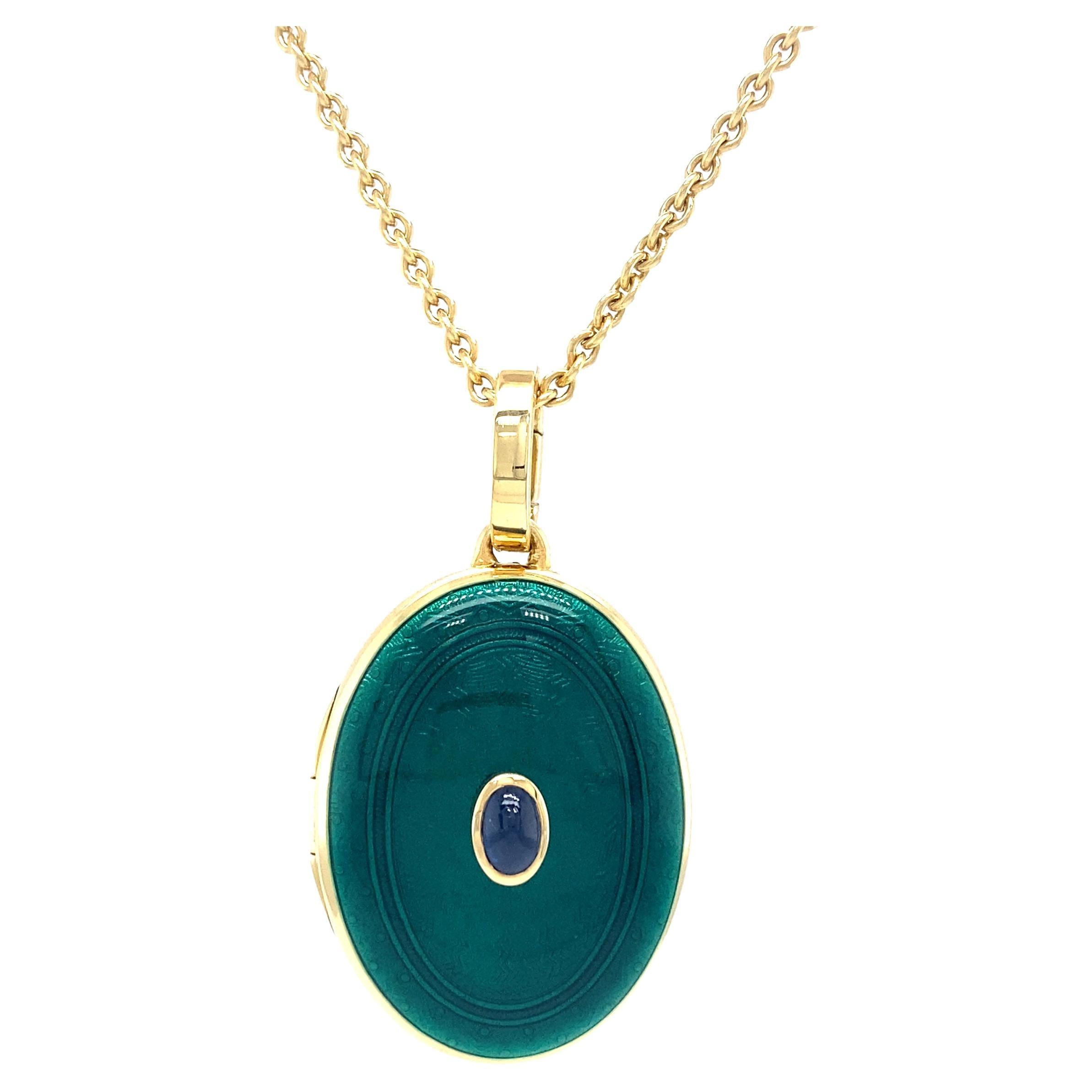 Oval Locket 18k Yellow Gold Emerald Green Vitreous Enamel Blue Sapphire Cabochon