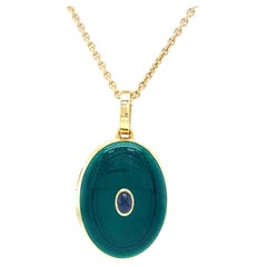 Oval Locket 18k Yellow Gold Emerald Green Vitreous Enamel Blue Sapphire Cabochon