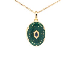 Oval Locket Pendant Necklace 18k YG Green Guilloche Enamel Sapphire 27 x 17 mm