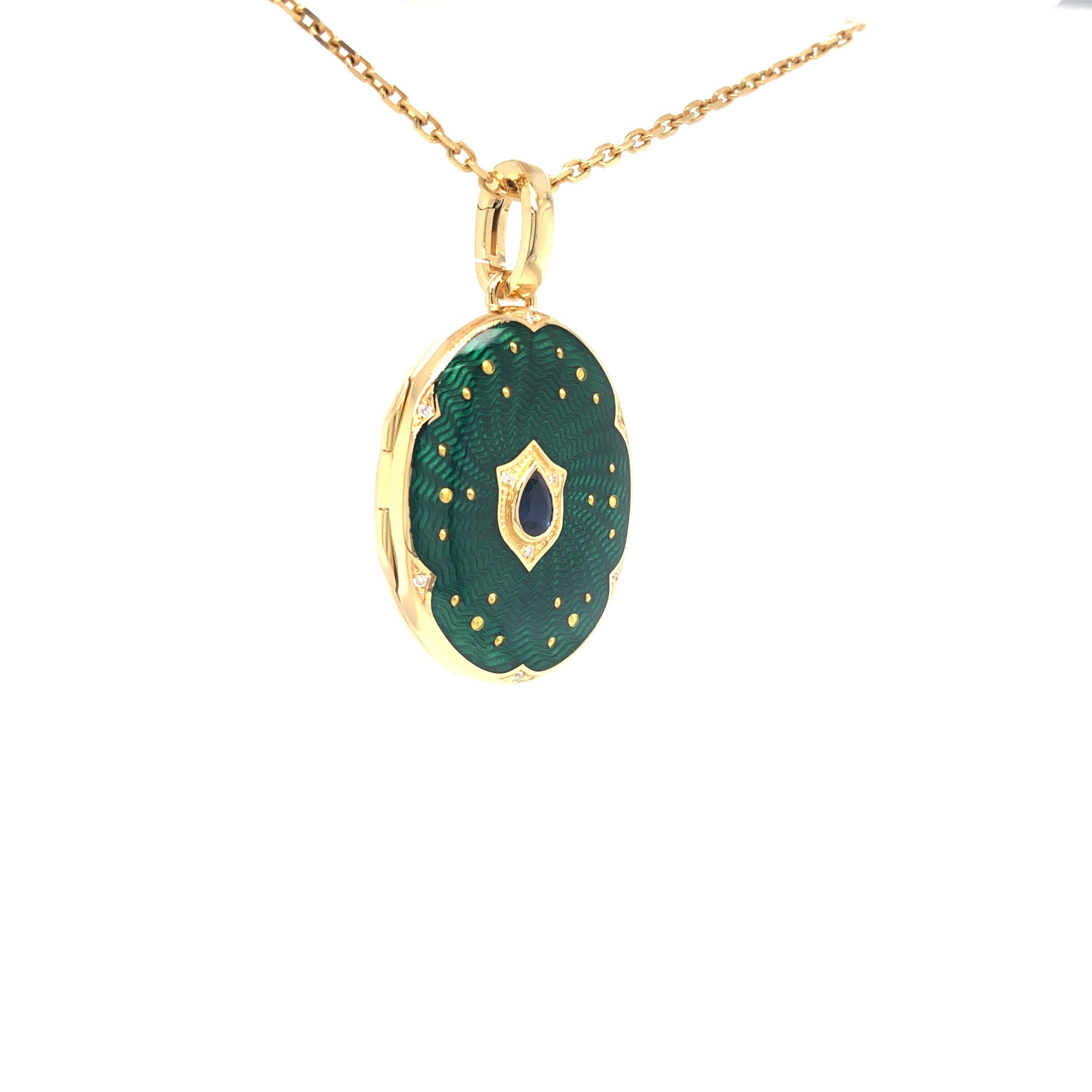 Victorian Oval Locket Pendant Necklace 18k YG Green Guilloche Enamel Sapphire 27 x 17 mm For Sale