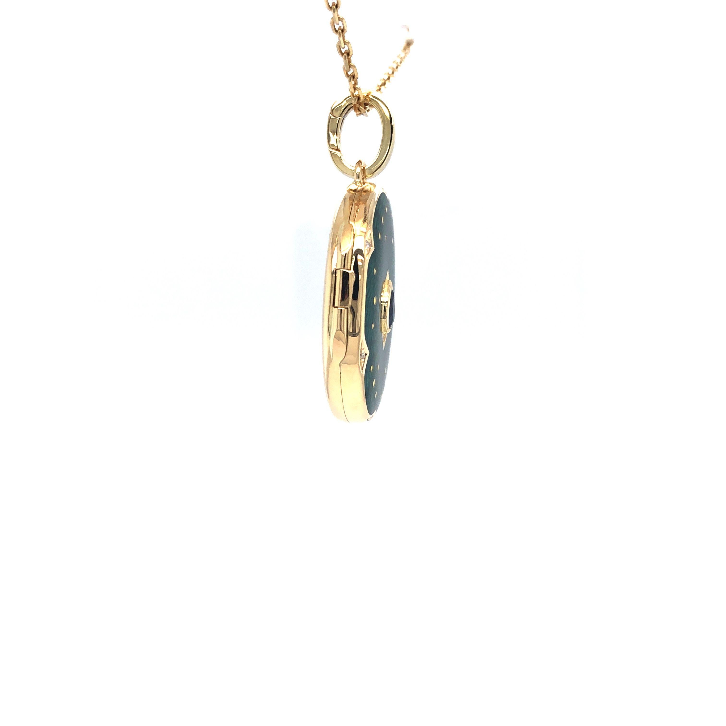 Pear Cut Oval Locket Pendant Necklace 18k YG Green Guilloche Enamel Sapphire 27 x 17 mm For Sale