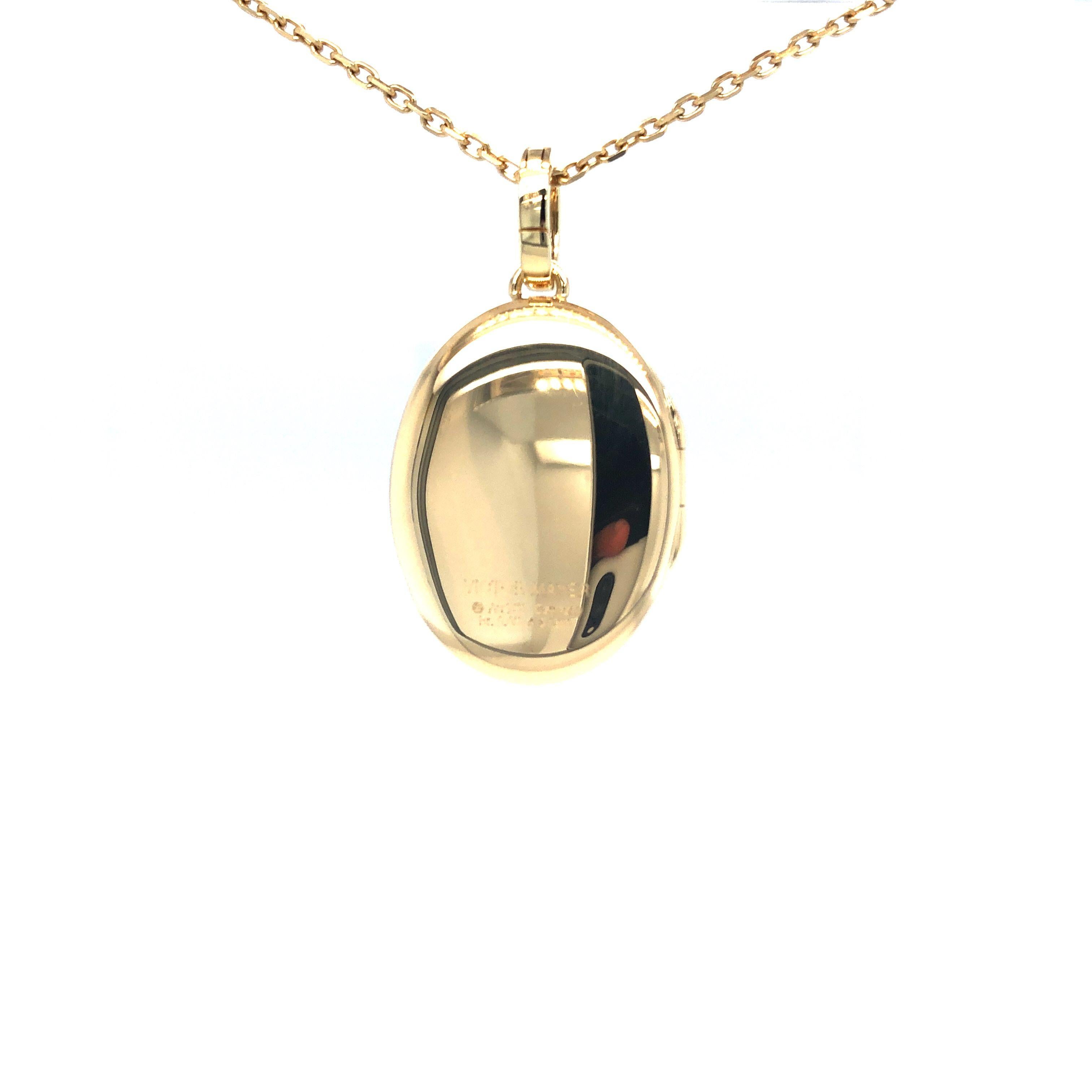 Women's Oval Locket Pendant Necklace 18k YG Green Guilloche Enamel Sapphire 27 x 17 mm For Sale