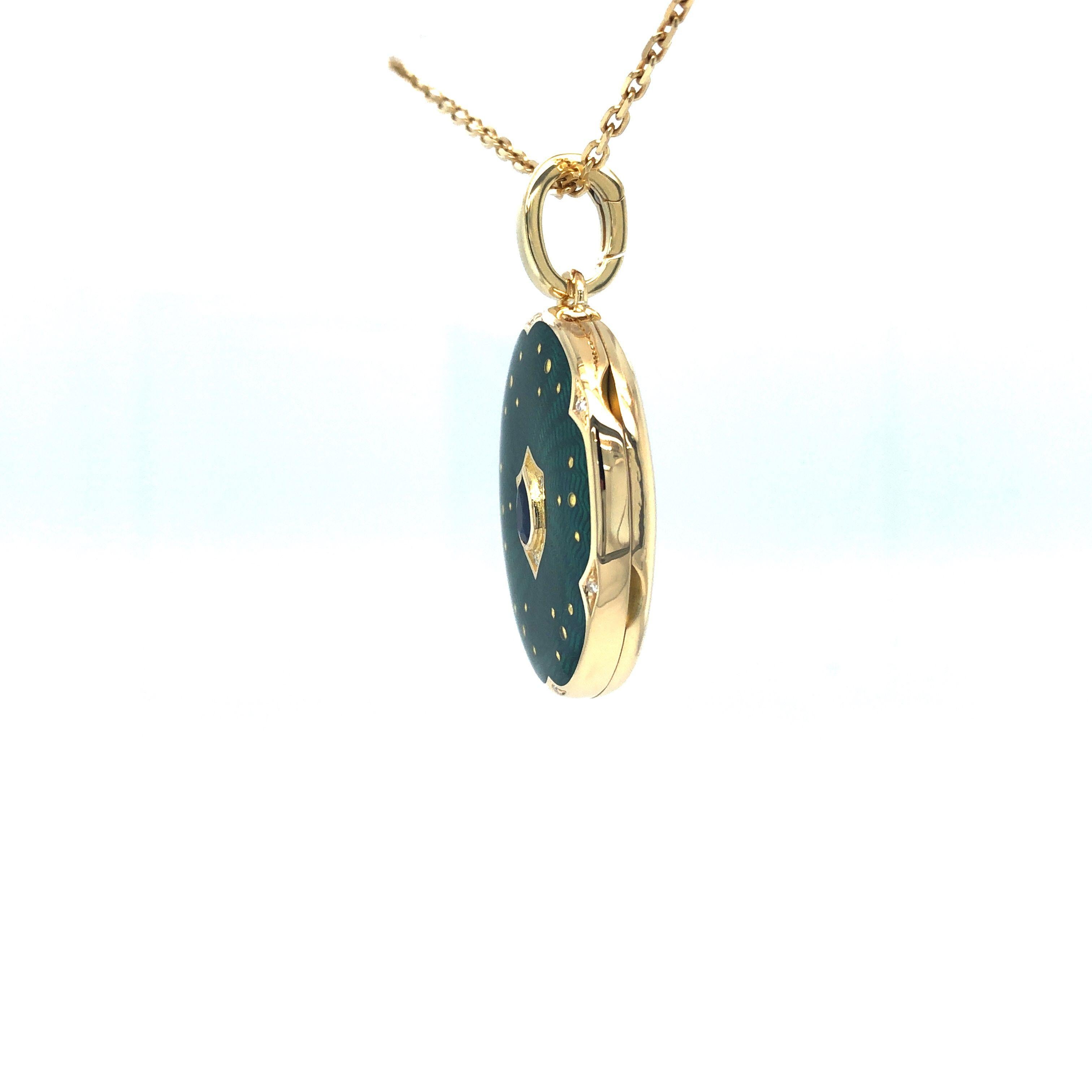 Oval Locket Pendant Necklace 18k YG Green Guilloche Enamel Sapphire 27 x 17 mm For Sale 1