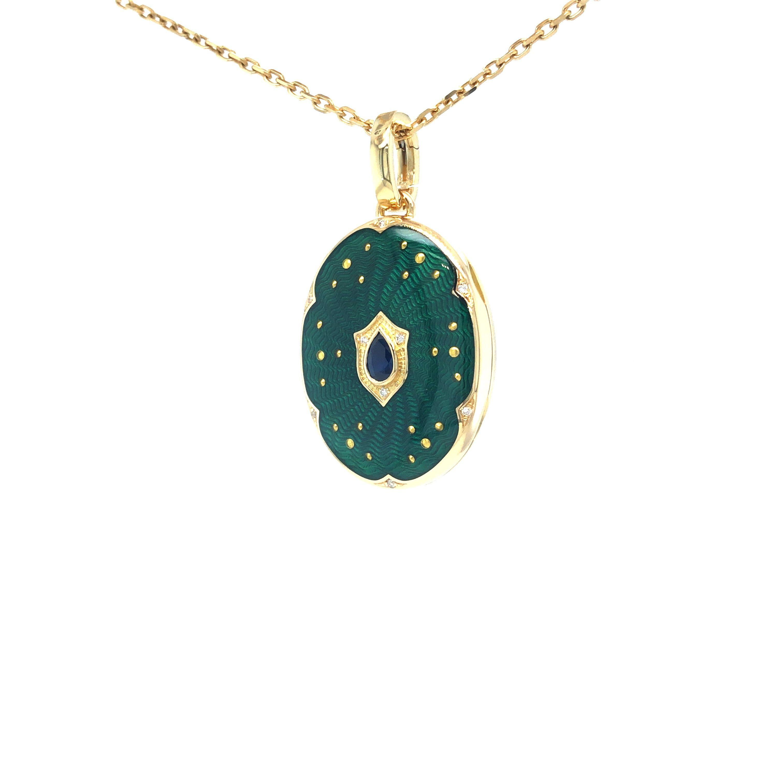 Oval Locket Pendant Necklace 18k YG Green Guilloche Enamel Sapphire 27 x 17 mm For Sale 2