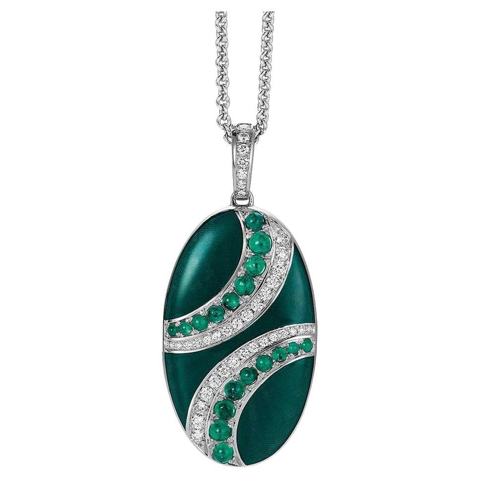 Pendentif médaillon ovale en or blanc 18k émail vert 35 diamants 16 émeraudes cabochon