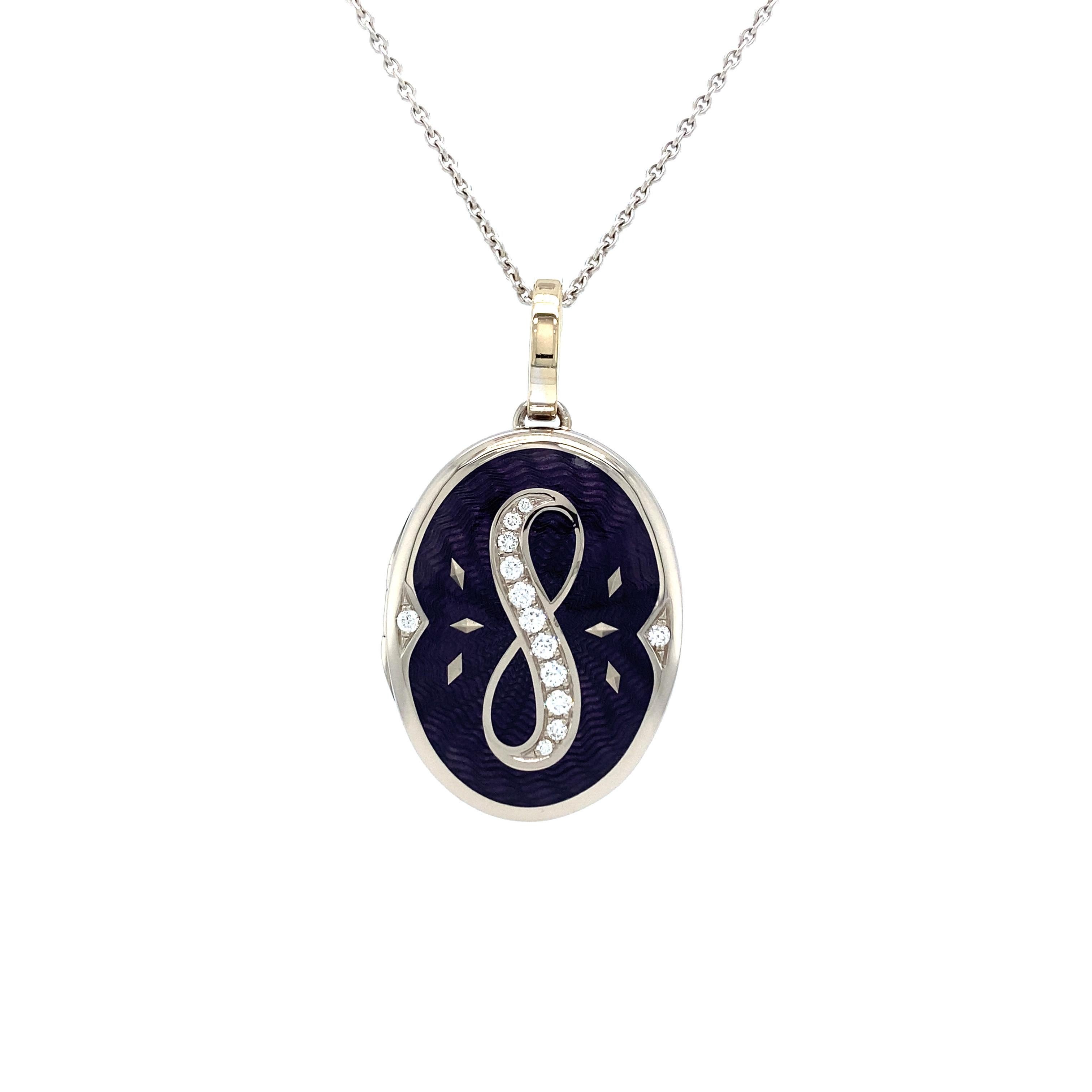 Victor Mayer customizable oval locket pendant with infinity symbol, 18k white gold, Victoria Collection, translucent lilac vitreous enamel, guilloche, paillons, 13 diamonds, total 0.22 ct, G VS brilliant cut, measurements app. 17.0 mm x 27.0