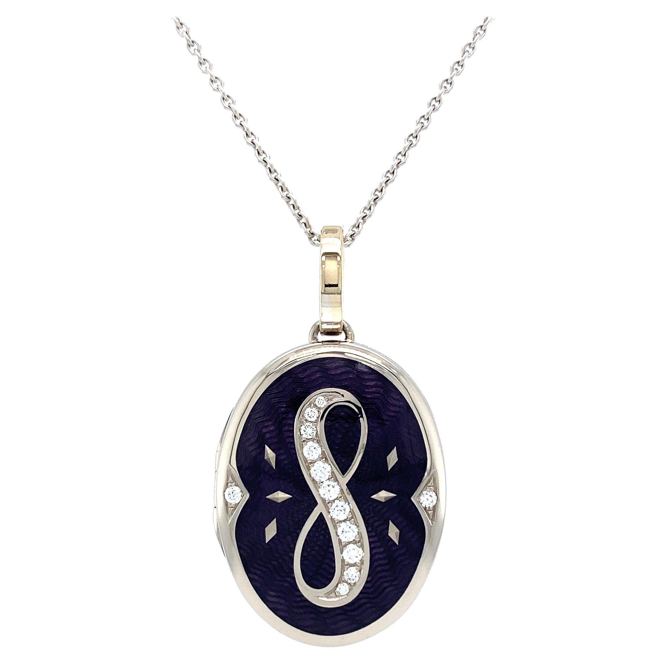 Ovaler Medaillon-Anhänger - 18 Karat Weißgold - Flieder-Emaille Guilloche 13 Diamanten 0,22 Karat im Angebot
