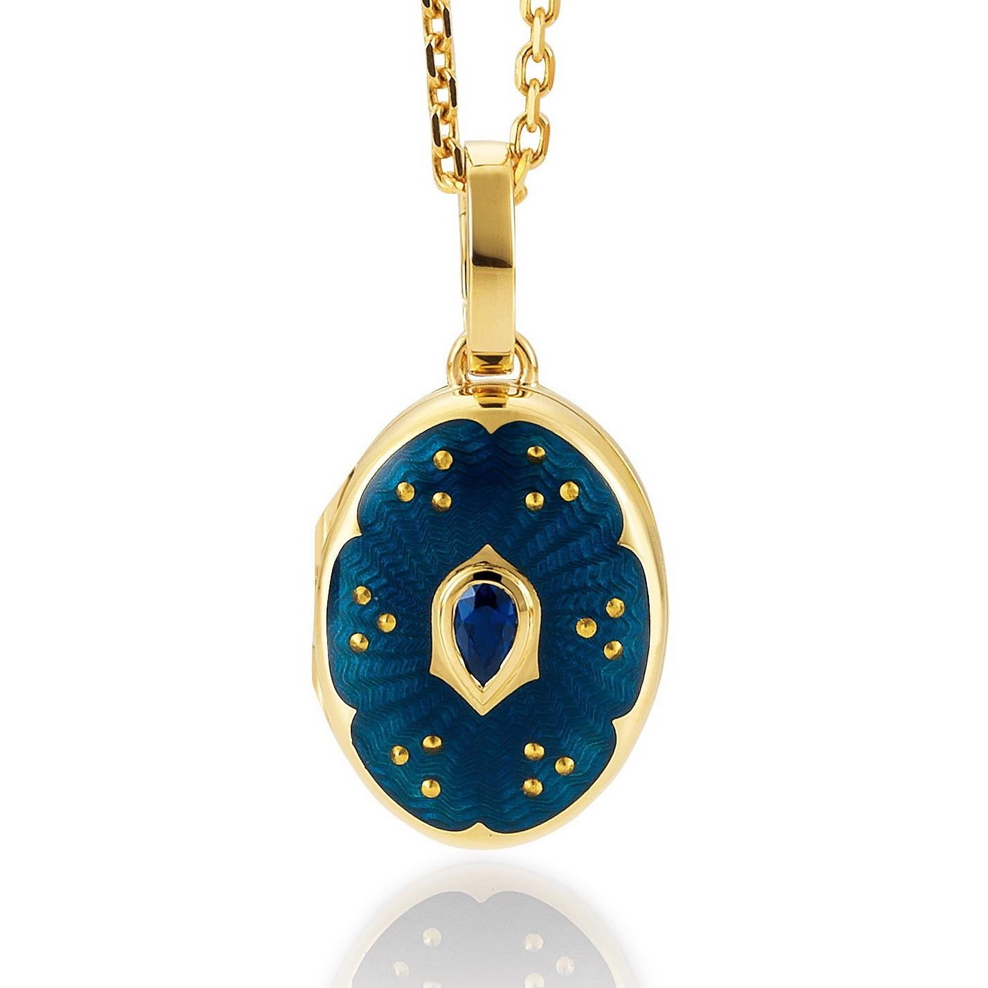  Oval Locket Pendant - 18k Yellow Gold - Blue Enamel with Paillons - 1 Sapphire