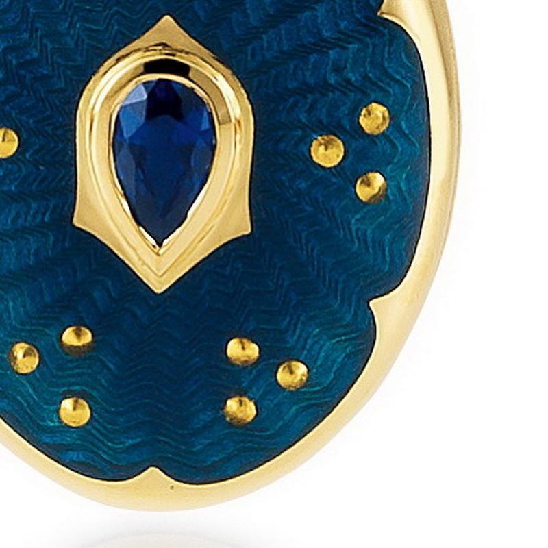 Victorian  Oval Locket Pendant - 18k Yellow Gold - Blue Enamel with Paillons - 1 Sapphire For Sale