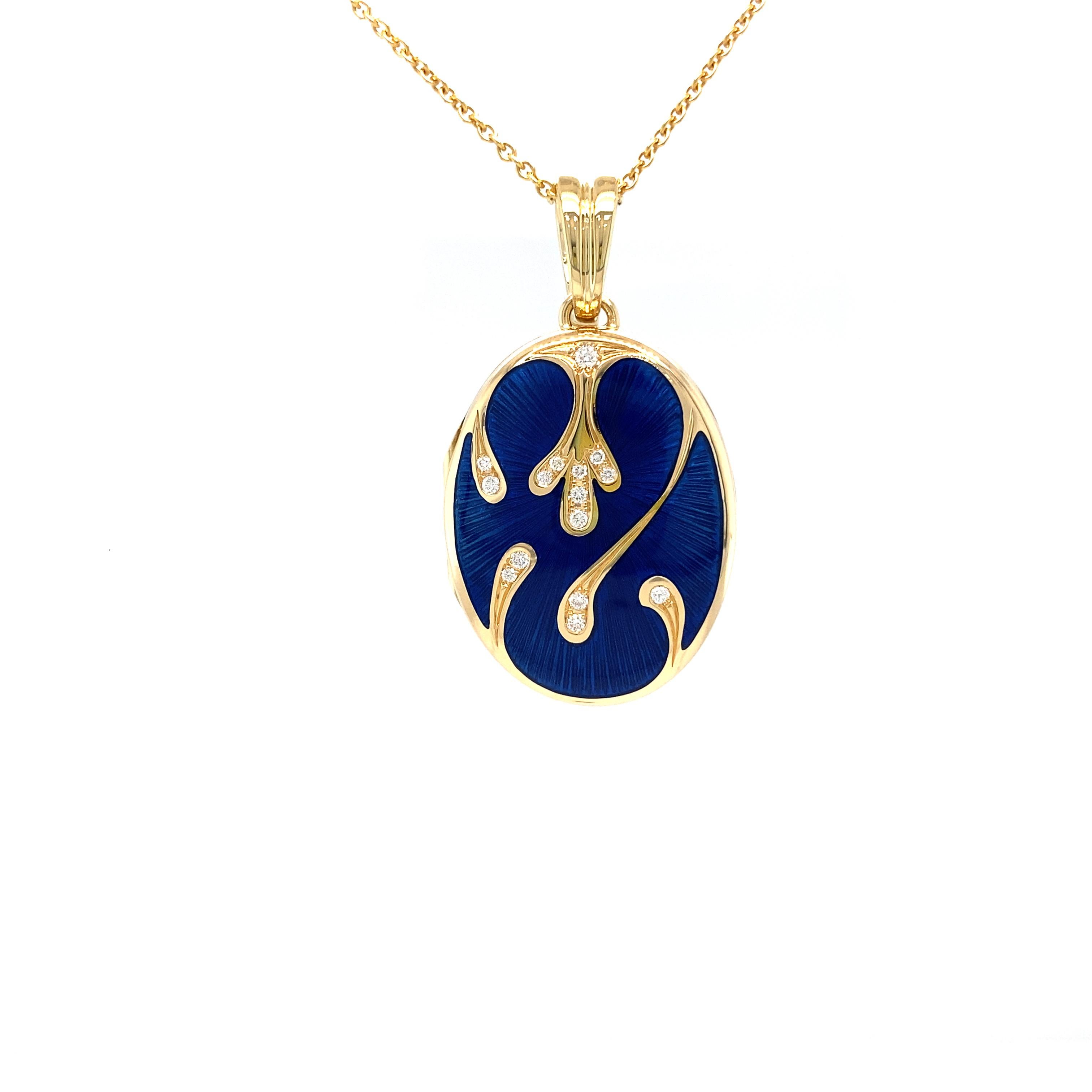 Victor Mayer oval locket pendant 18k yellow gold, Hallmark collection, translucent electric blue vitreous enamel, guilloche, 15 diamonds, total 0.16 ct, H VS, brilliant cut, measurements app. 27.0 mm x 20.0 mm

About the creator Victor Mayer 
Victor