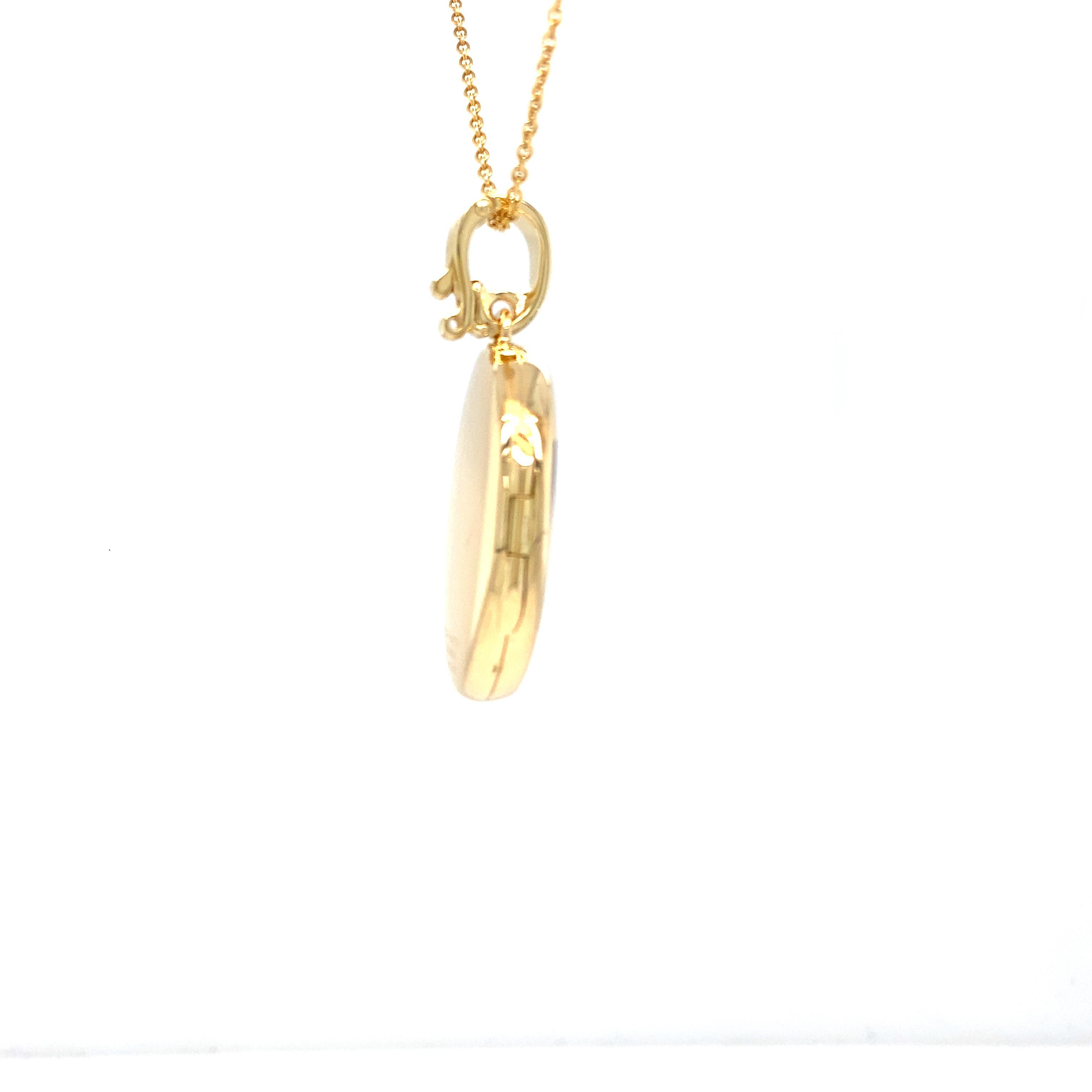 Women's Oval Locket Pendant - 18k Yellow Gold - Blue Vitreous Enamel 15 Diamonds 0.16 ct For Sale