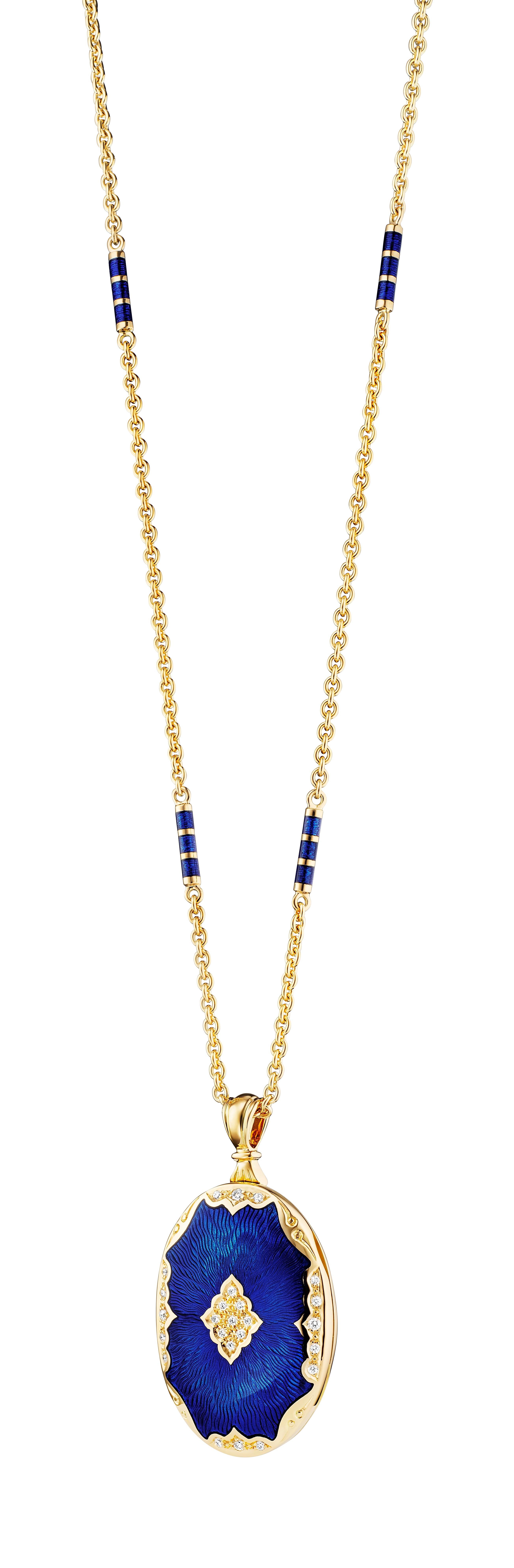 Pendentif médaillon ovale en or jaune 18 carats, émail bleu et 25 diamants 0,19 carat en vente 8