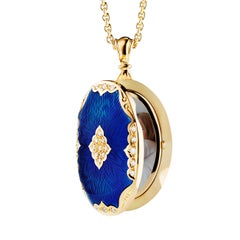 Oval Locket Pendant 18k Yellow Gold Blue Enamel 25 Diamonds 0.19 ct