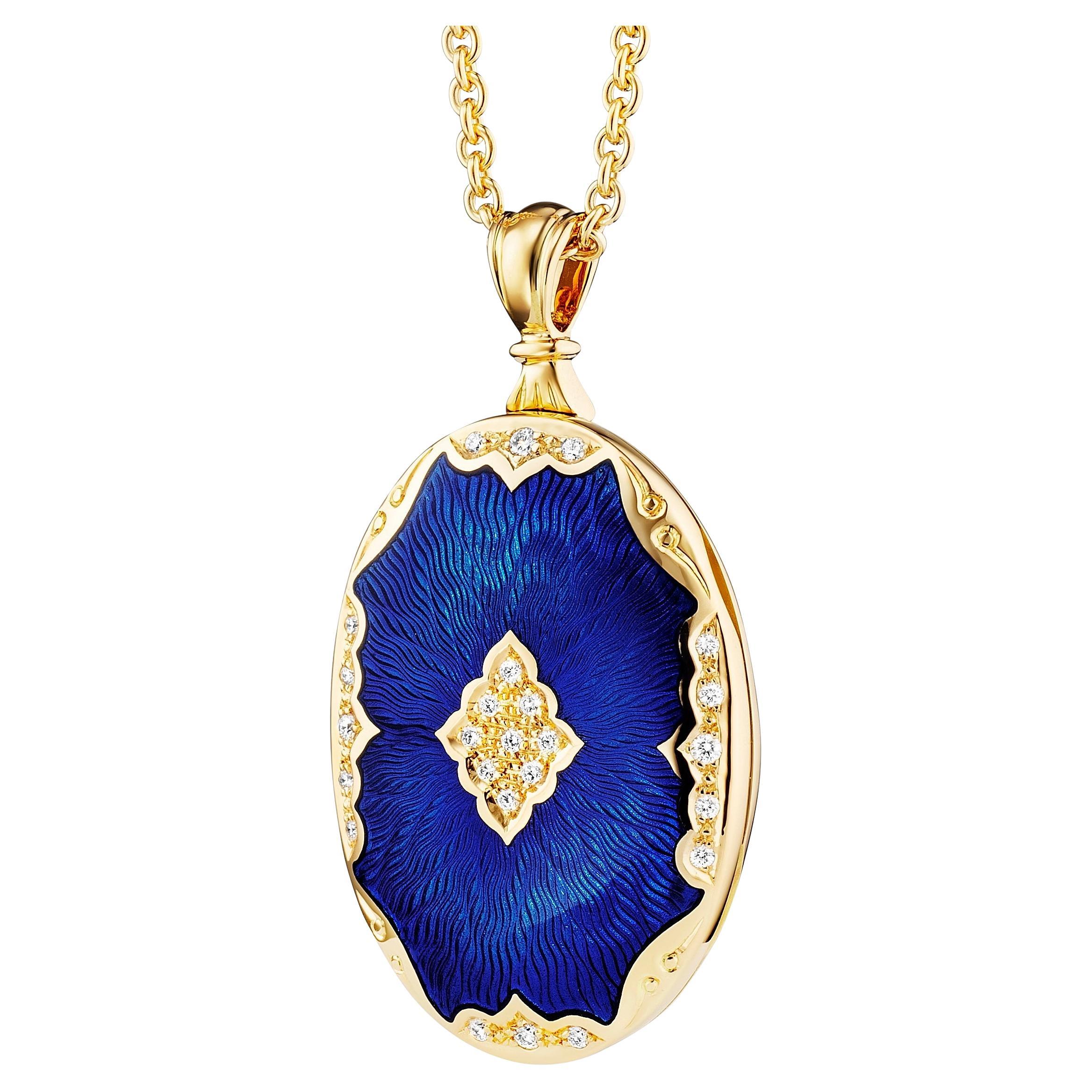 Pendentif médaillon ovale en or jaune 18 carats, émail bleu et 25 diamants 0,19 carat