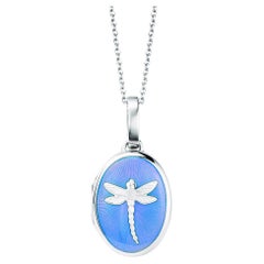 Oval Locket Pendant Dragonfly 18k White Gold Opalescent Blue Guilloche Enamel