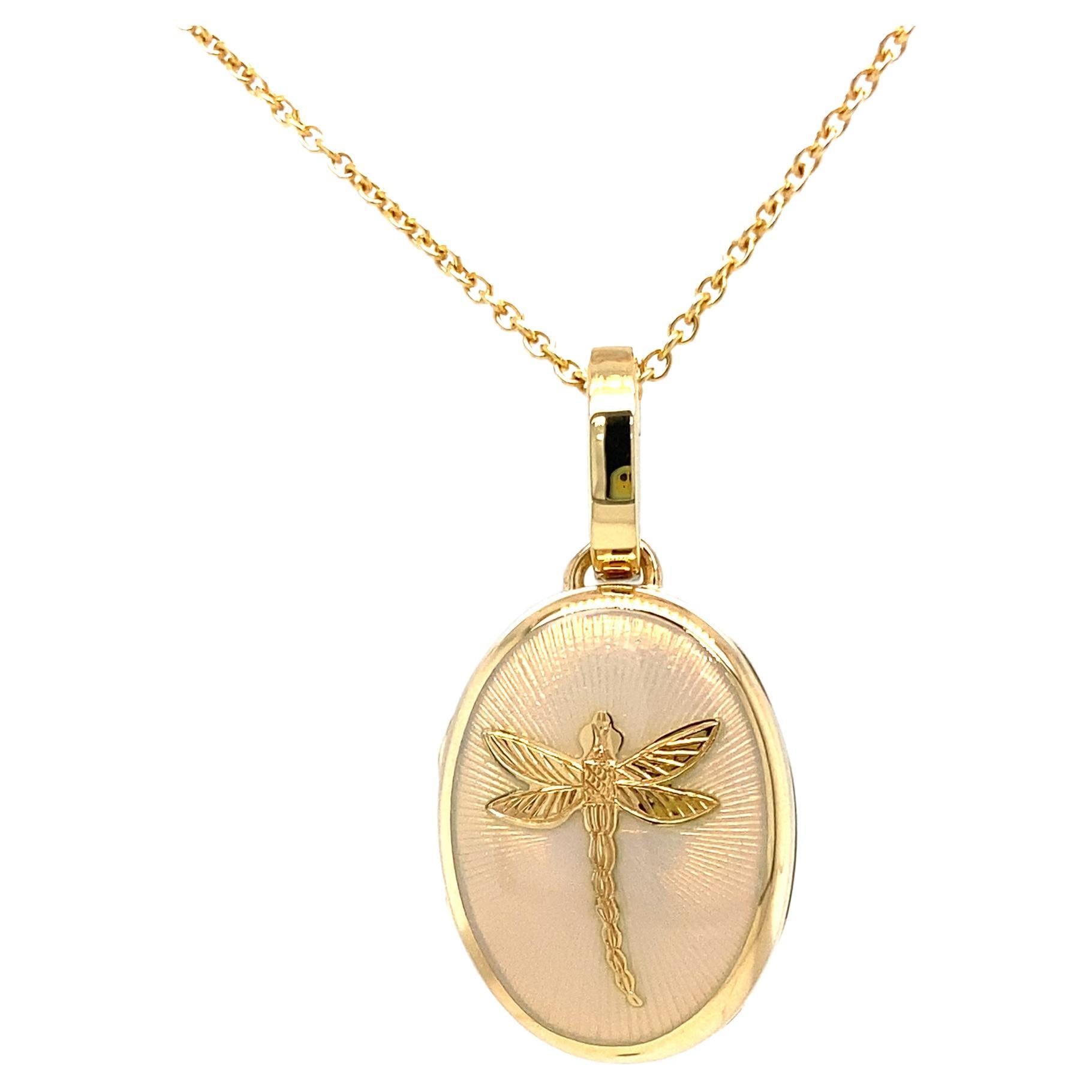 Oval Locket Pendant Dragonfly 18k Yellow Gold Opalescent White Guilloche Enamel  For Sale