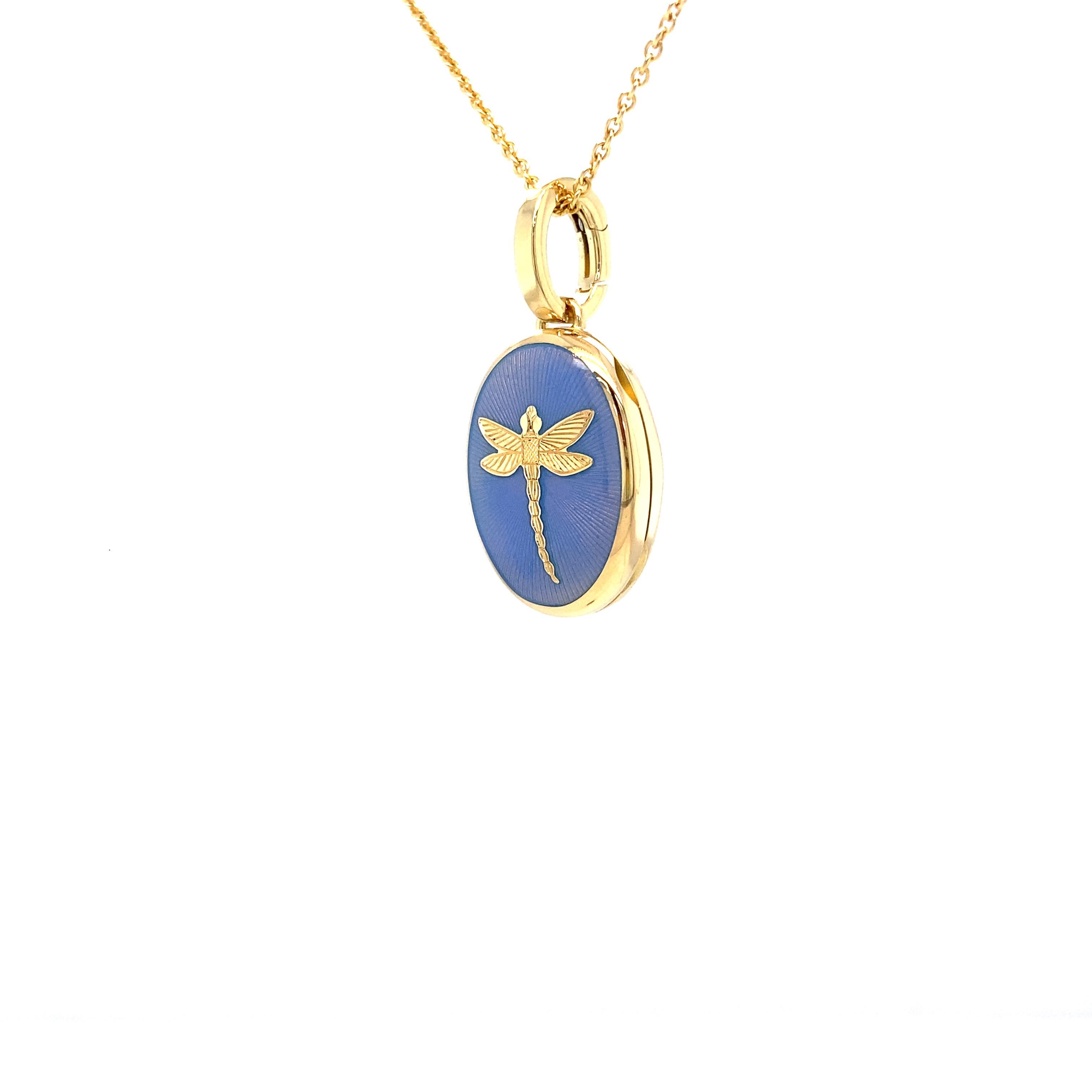 Victor Mayer customizable oval locket pendant with dragonfly 18k yellow gold, Hallmark collection, translucent opalescent blue vitreous enamel, guilloche, measurements app. 15.0 mm x 20.0 mm

About the creator Victor Mayer
Victor Mayer is