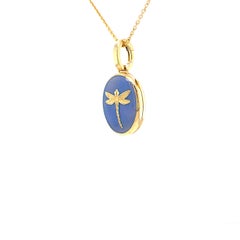 Oval Locket Pendant Dragonfly 18k Yellow Gold Opalescent Blue Guilloche Enamel