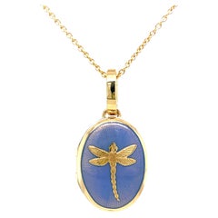 Oval Locket Pendant Dragonfly 18k Yellow Gold Opalescent Blue Guilloche Enamel