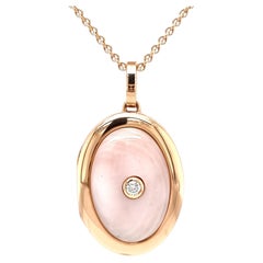 Oval Locket Pendant Necklace - 18k Rose Gold - 1 Diamond 0.10 ct H VS Pink Pearl