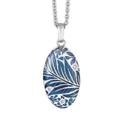 Oval Locket Pendant Necklace 18k White Gold Blue Vitreous Enamel 3 Diamonds