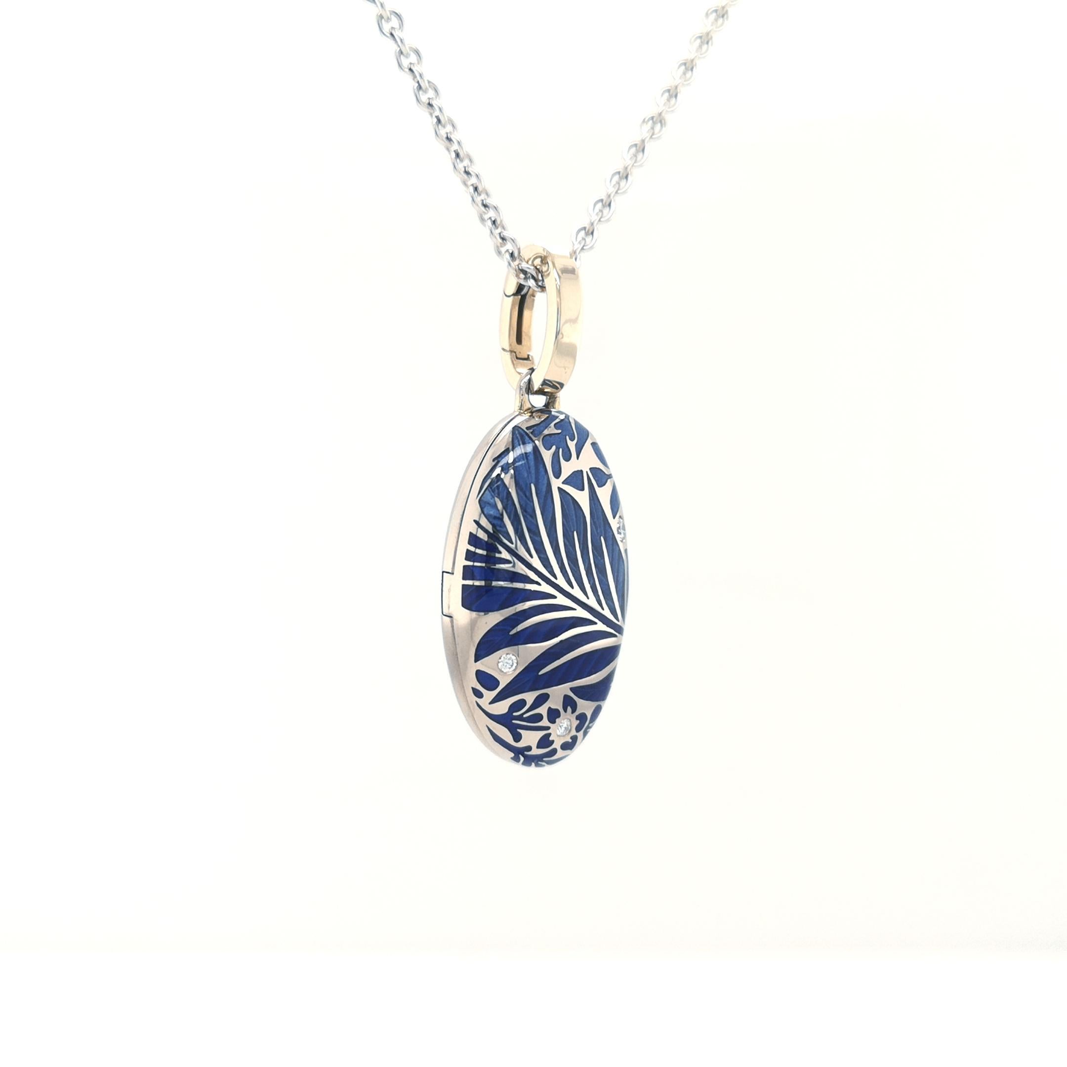 Women's Oval Locket Pendant Necklace 18k White Gold Blue Vitreous Enamel 3 Diamonds  For Sale
